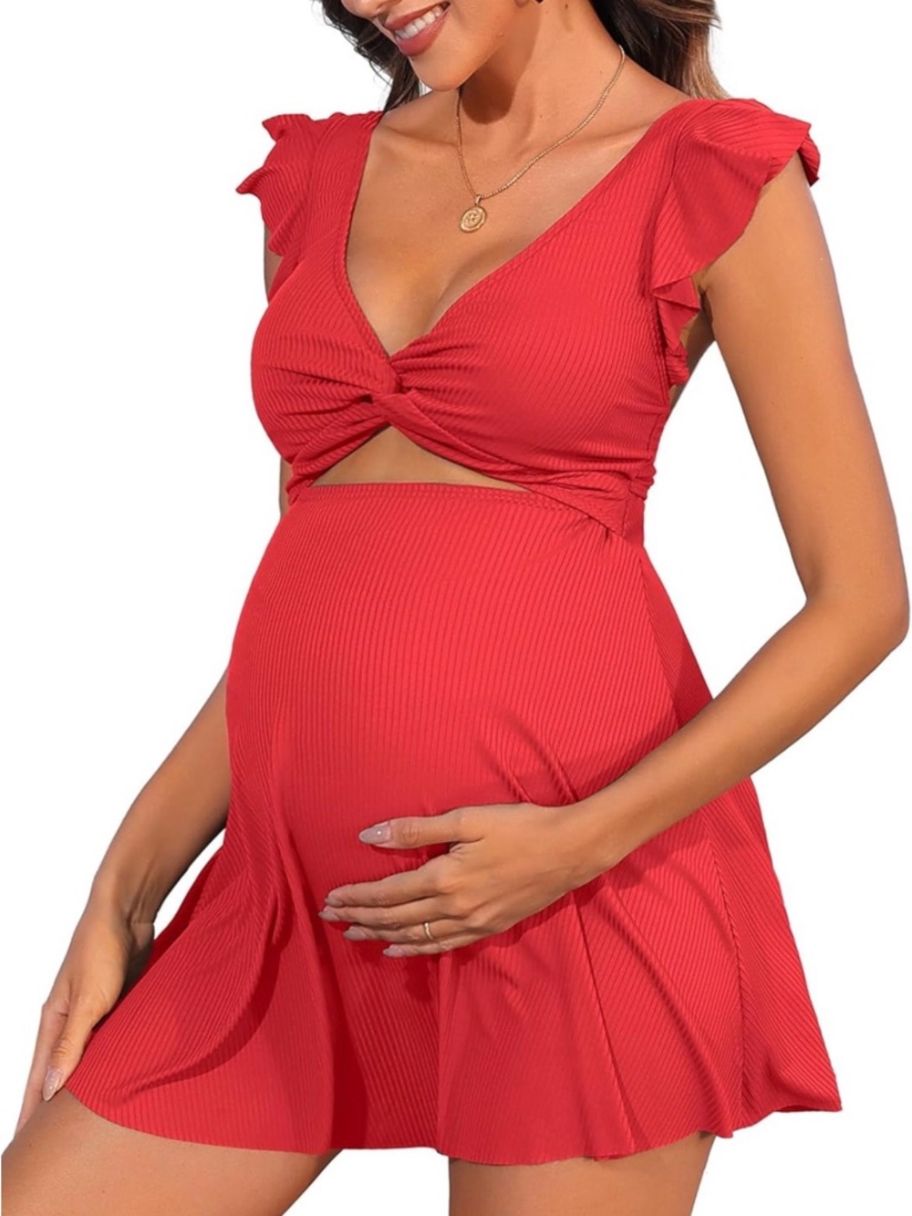 Red Maternity One-Piece Swim Dress with Twist Front
